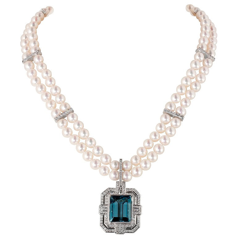 Buckingham Diamond Pearl Necklace with Aquamarine Diamond
