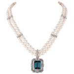 Buckingham Diamond & Pearl Necklace with Aquamarine & Diamond Enhancer