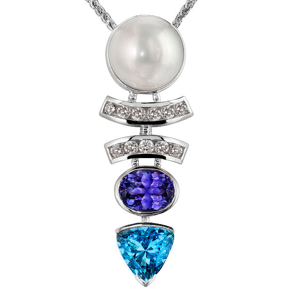Lucille South Sea Pearl, Tanzanite, Aquamarine & Diamond Pendant